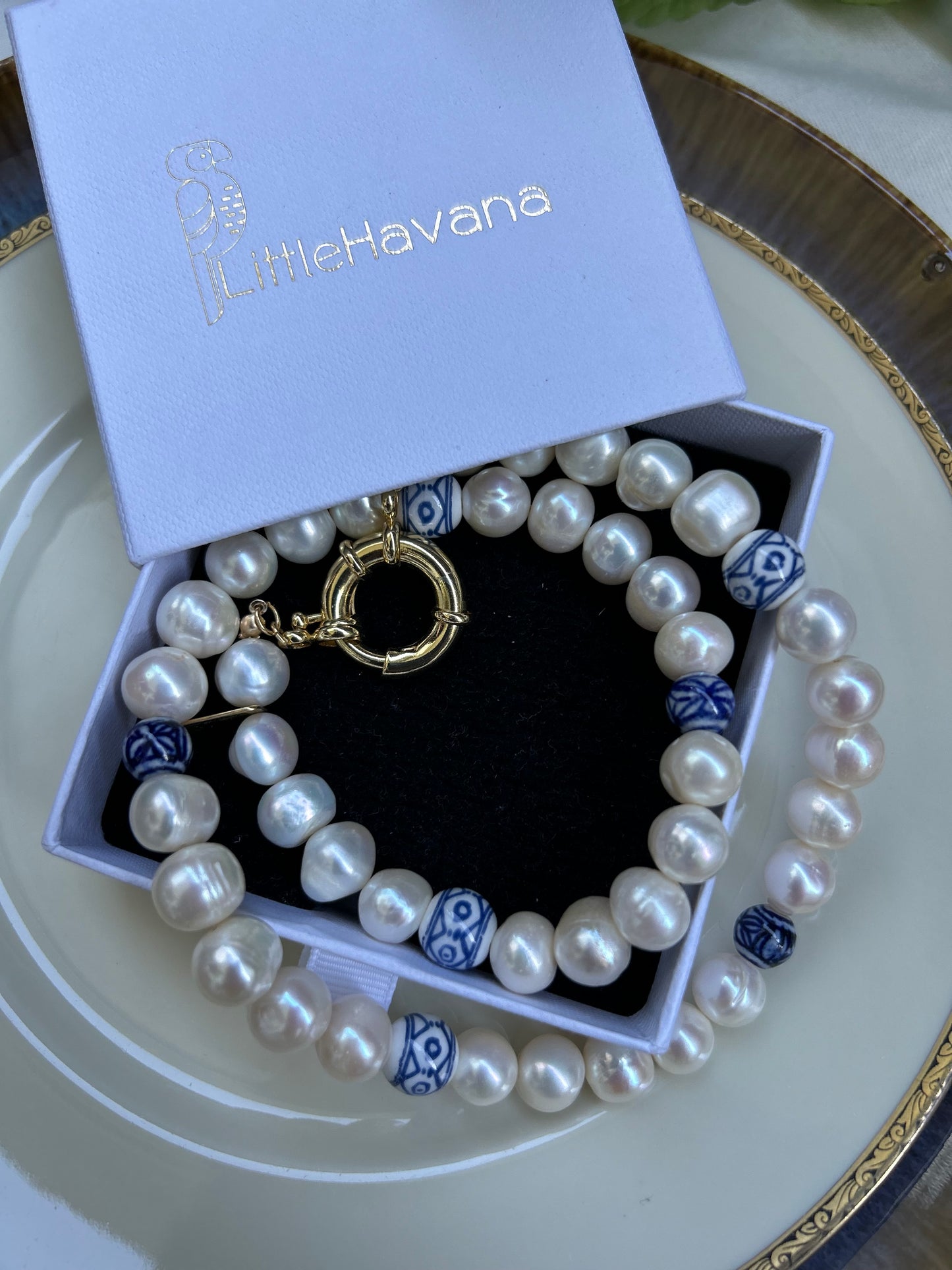 White & Blue Pearl Necklace